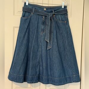 Ralph Lauren Blue Cotton, High Waisted Denim A-Line Skirt with Tie Belt  Size 8